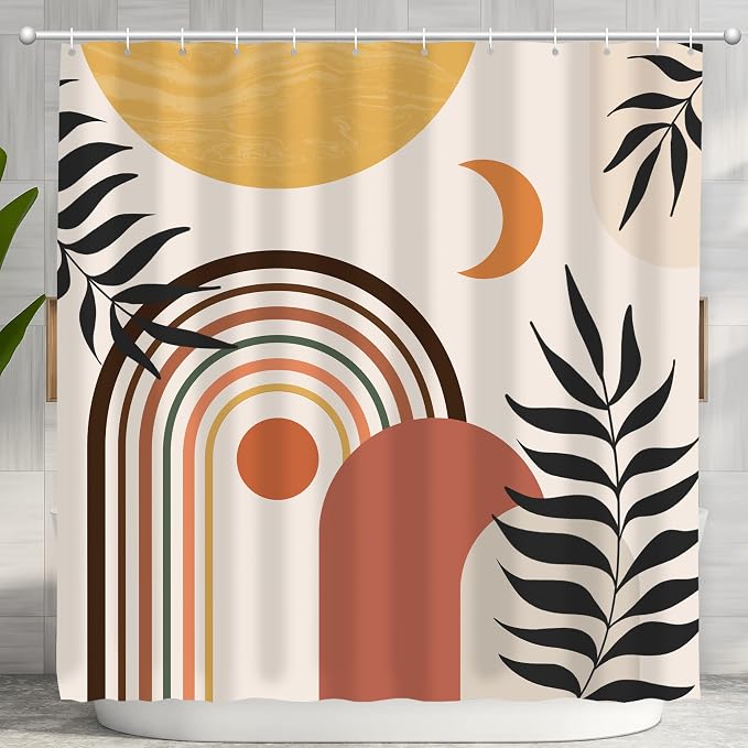 Mid Century Abstract Boho Aesthetic Shower Curtain Set, Green Nature Leaf Sun Modern Minimalist Home Bathroom Curtain Decor with 12 Hooks 72 Inch Wide * 72 Inch High