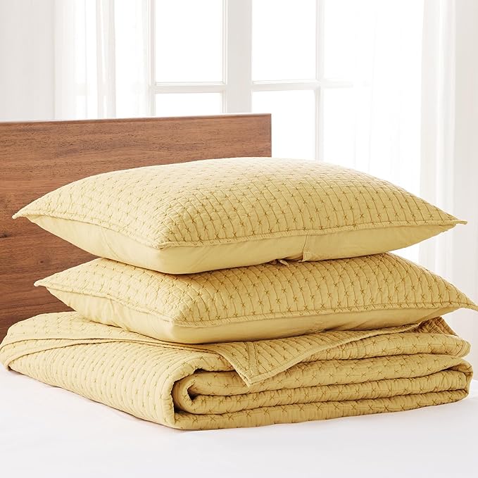 Levtex Home Cross Stitch Reversible Full Bedspread Set (100x104in) with 2 Pillow Shams (26x20in) - Stitch Texture - Ochre - 100% Cotton Full Size Bedspread Set - Lightweight, Soft, Pre-Washed