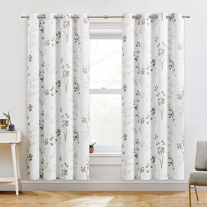 Beauoop Floral 100% Blackout Curtains 72 Inches Long 2 Panels for Bedroom Living Room Tan Brown and White Flower Patterned Room Darkening Thermal Soundproof Grommet Window Treatments Drapes, 52X72