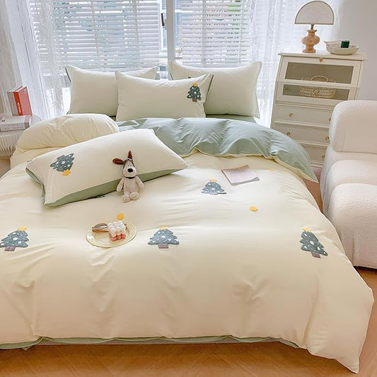 MorroMorn Cotton Duvet Cover Queen Size, Green 3D Embroidery Queen Bedding Sets, Chenille Embroidered Comforter Covers Lightweight Blanket Soft for Girls Boys Kids Teen (Christmas Tree, Full/Queen)