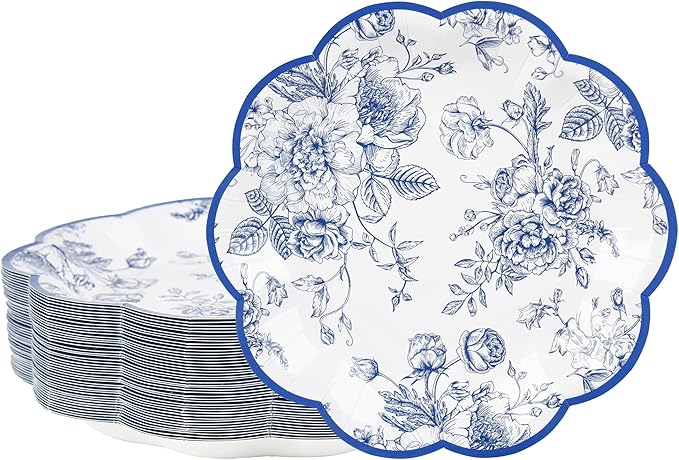 Blue Floral Party Plates - Vintage Leaf Disposable Paper Plates, Wildflower Toile 7" Scalloped Rim Dessert Plates for Christmas, Birthday, Bridal Tea Party Supplies (24 Count)