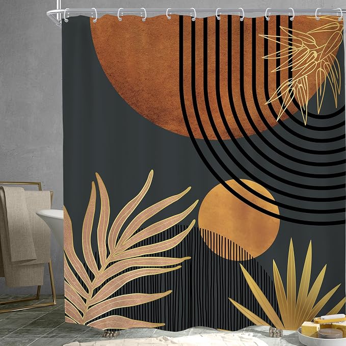 KOMLLEX Mid Century Brown Black Boho Shower Curtain for Bathroom Decor 72Wx78H Inches Abstract Modern Plant Botanical Minimalist Arch Sun Neutral Fabric Waterproof Polyester 12 Pack Hooks Pack Hooks