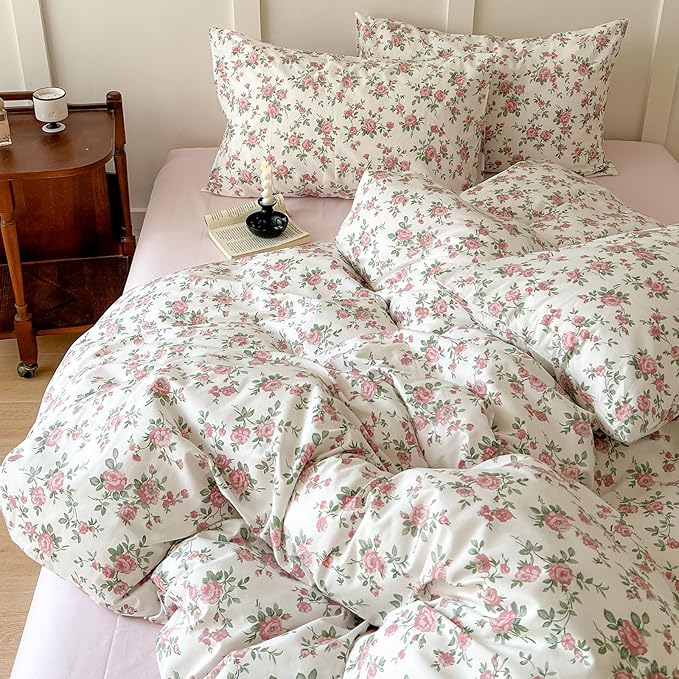 Girls Floral Duvet Cover Twin Pink White Floral Bedding Set Vintage Rose Flower Printed Duvet Cover Cotton Floral Comforter Cover Botanical Aesthetic Bedding Set 1 Twin Duvet Cover with 2 Pillowcases