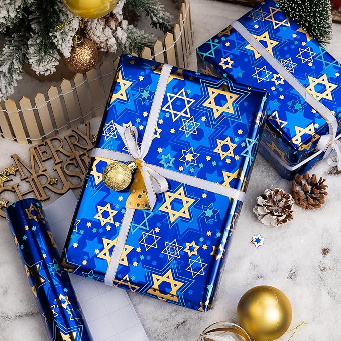MAYPLUSS Hanukkah Wrapping Paper Roll - 17In * 32.8 Ft - Navy Blue Star of David Gift Wrap Present Paper with Metallic Foil Design for Chanukah Jewish Festival, Christmas, Party, Holiday & DIY Craft