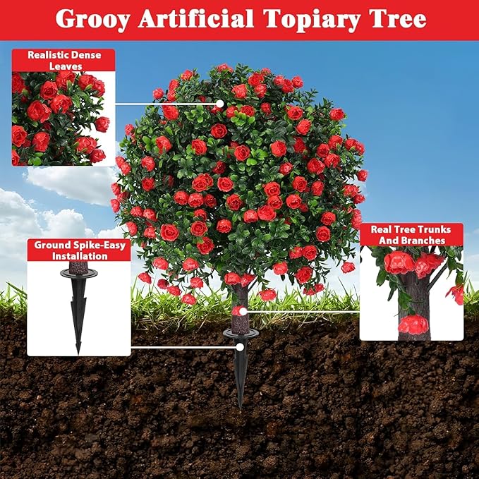 (2-Piece Set) Rose-Shaped Artificial Boxwood Topiary Trees – Designed for Artificial Landscape Shrubs, Shrub Bushes with Ground Spikes, Artificial Flowers
