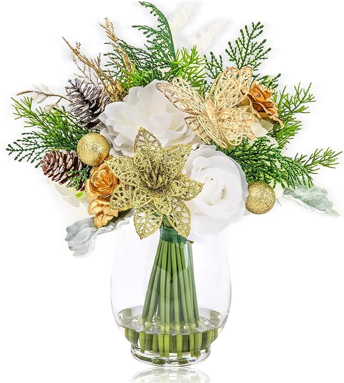 Fake Flowers in Vase, Golden Shimmer Poinsettia & Butterfly, Artificial Rose Flowers Arrangement Centerpiece for Dining Table Wedding Party Fall Winter Home Christmas Decor Gift (Gold White & Green)