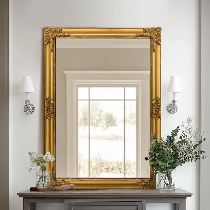 TRAHOME Vintage Gold Mirror for Wall, 28"x40" Antique Decorative Baroque Mirror with Imitation Metal Frame, Ornate Decorative Wall Mirror Decor for Entryway, Fireplace, Living Room, Hallway, Bathroom