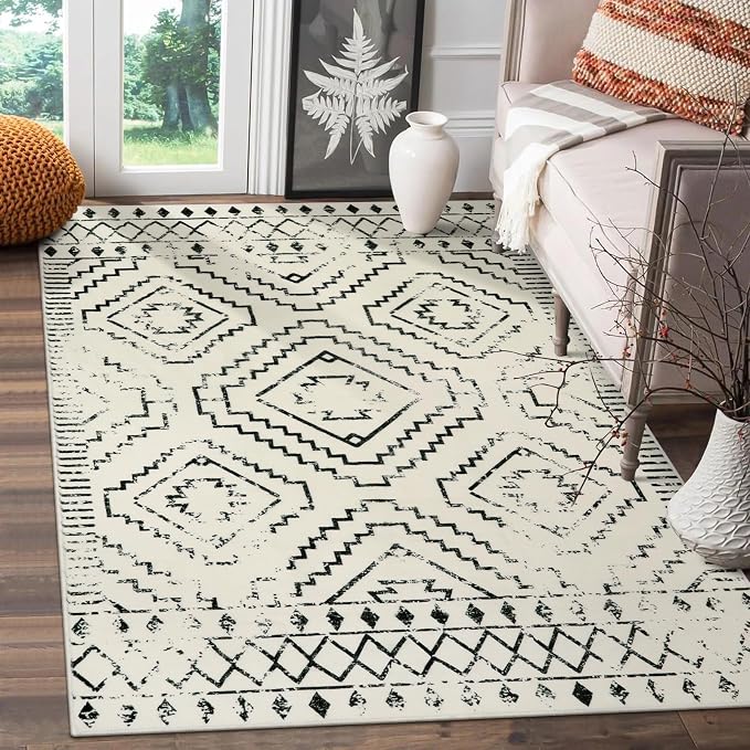 Wonnitar Moroccan 3x5 Area Rug, Washable White Non-Slip Entry Rug, Farmhouse Rustic Small Living Room Rug Tribal Non-Shedding Throw Mat Indoor Floor Carpet for Kitchen Bedroom Mud Room (Beige,3'x5')