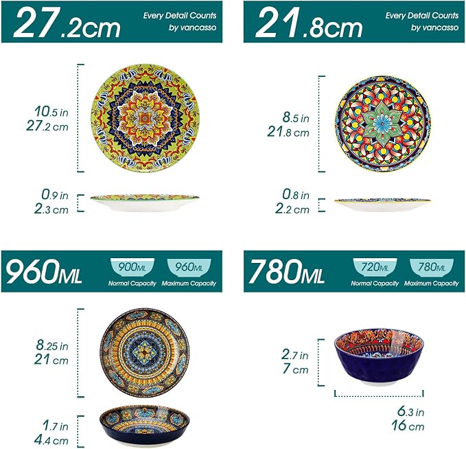 vancasso 24 Pieces Plates and Bowls Set, Bohemian Style Dinnerware Sets Service for 6, Porcelain Boho Dishes Set for Kitchen, Housewaring Gift, Dishwasher and Microwave Safe, Series KRVI