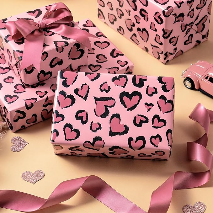 WRAPAHOLIC Leopard Wrapping Paper - Mini Roll - 17 Inch x 16.5 Feet - Pink Heart Wrapping Paper Perfect for Girls Birthday, Valentine's Day, Baby Shower, Wedding