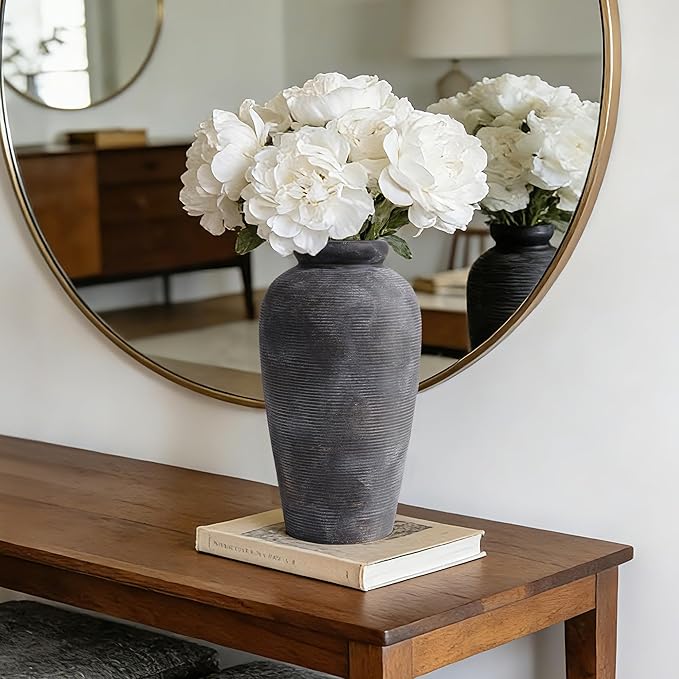 Large Ceramic Rustic Vase, 11 inch Farmhouse Flowers Tall Vase Vintage Texture Pottery Floor for Indoor Table, Centerpieces, Living Room Home Decor, Bronze