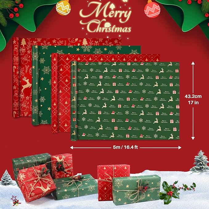 Panigkids Xmas Wrapping Paper Rolls - 4 Jumbo Kraft Wrap (17in x16.4ft Each) for Kids Adults, Festive Golden Red Tree & Green Snowflakes, Durable Holiday Gift Wrap + Jute Twine