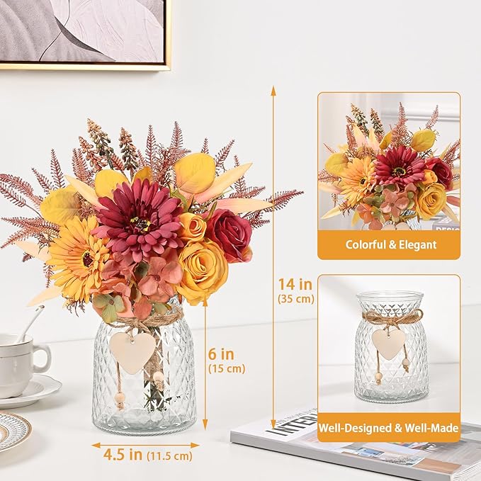 MARTINE MALL Artificial Dahlia Flowers with Vase, Silk Fall Flowers in Vase - Fall Decor for Home Centerpieces, Thanksgiving Party, Rustic Wedding