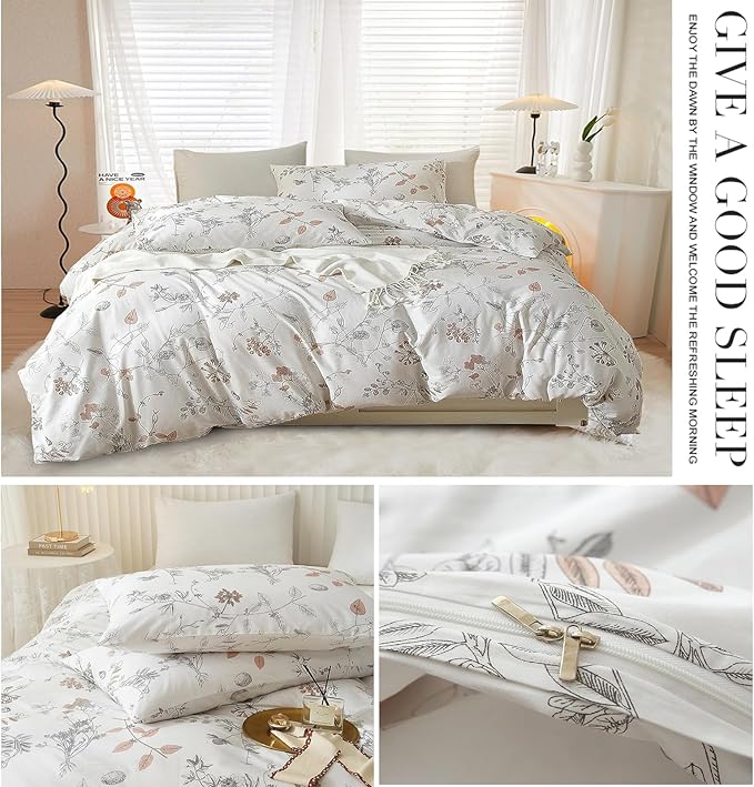 EAVD Vintage Style Garden Floral Duvet Cover Queen Soft Cotton Chic Floral Bedding Set with 2 Pillowcases Aesthetic Spring Botanical Duvet Cover Set for Girls Women