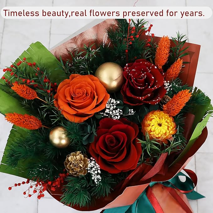 Christmas Preserved Flowers Bouquet, Real Forever Flowers as Christmas Gifts for Women, Long-Lasting Roses Bouquet Birthday Gifts for Women, Mom, Wife, Her