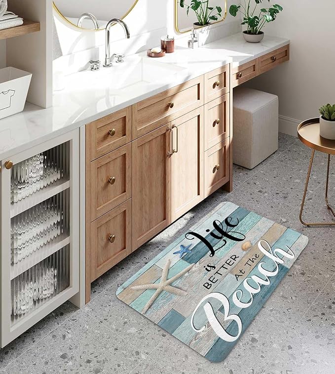 Beach Bath Rugs for Bathroom, Rustic Vintage Wood Ocean Quote Words Summer Non Slip Flannel Bathroom Rug, Nautical Coastal Starfish Dry Fast Water Absorbent Bath Mats, 17X29 Inch