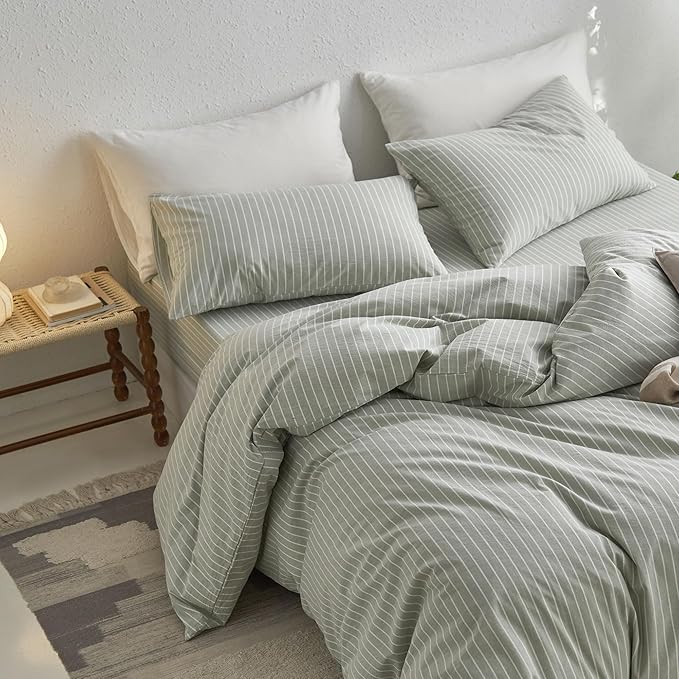 MooMee Striped Duvet Cover Set 100% Washed Cotton Linen Like Textured Breathable Durable Soft Comfy (Sage Green White Wide Stripes, Palatial King/Oversized King 120"x98")