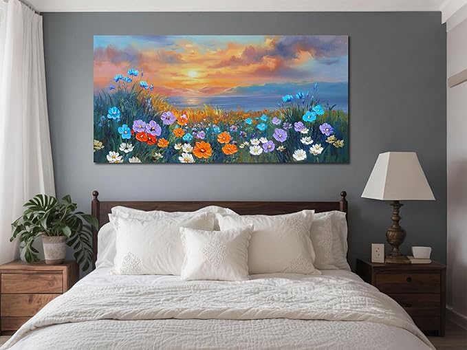 Ardemy Landscape Wall Art for Living Room Extra Large Wildflower Pictures Wall Decor Coastal Sunset Floral Canvas Textured Bedroom Flower Paintings Artwork Home Office, 58"x29"