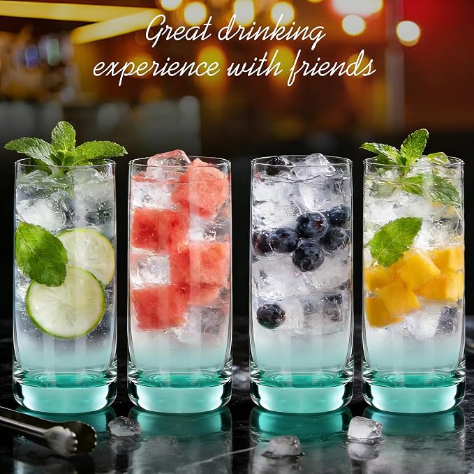 Green Highball Glasses Set of 6,13oz Drinking Glass Cups for Mixed Drink Cocktail, Beer, Mojito, Water and Juice,Thick Tall Crystal Glassware for Kitchen, Restaurant, Home Bar and Parties