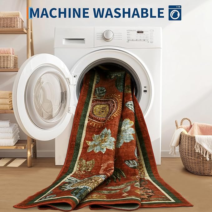Washable 8x10 Modern Floral Area Rug Ultra Soft Thin Bedroom Carpet Non Shed Large Rugs Non Slip Living Room Rustic Rug Stain Resistant Indoor Home Decor Carpet for Farmhouse Dining Room, Brick Red