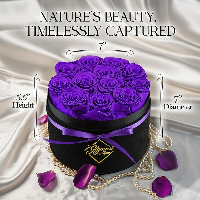 GLAMOUR BOUTIQUE Flowers Forever Gift Box 12 Real Preserved Roses in a Velvet Box, Birthday for Her Mom and Wife, Mothers Day, Anniversary, Graduation - Purple
