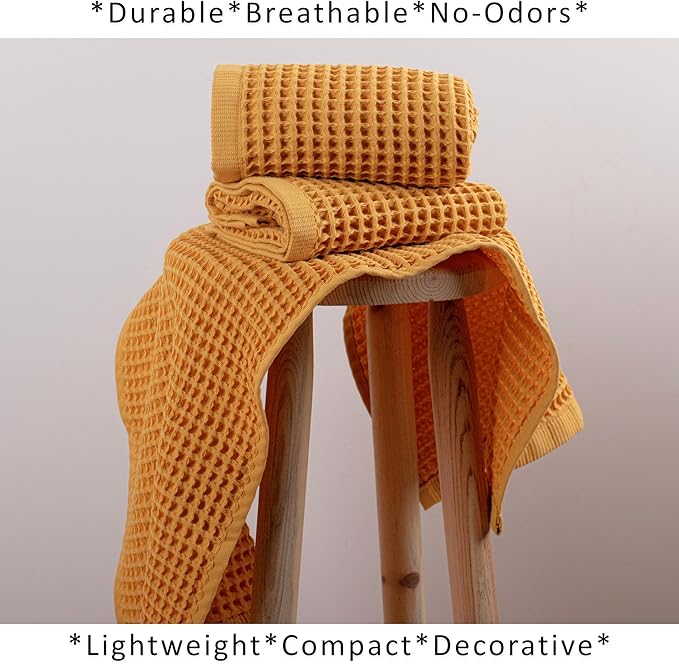 PÜSKÜL Natural 100% Turkish Cotton Waffle Kitchen Towels Set of 3 | Oeko-Tex, Premium Waffle Hand Towels for Bathroom | Soft Absorbent Quick-Dry Lint-Free Dish Towel Large 32x16 in (3, Mustrad Yellow)