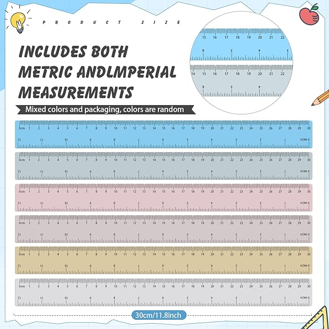 ForraFun 60 Pcs Plastic Clear Rulers 12 Inch, Transparent Assorted Color Ruler Bulk, with Imperial and Metric Scales for Home Office Supplies, Available in 6Colors(Rainbow)