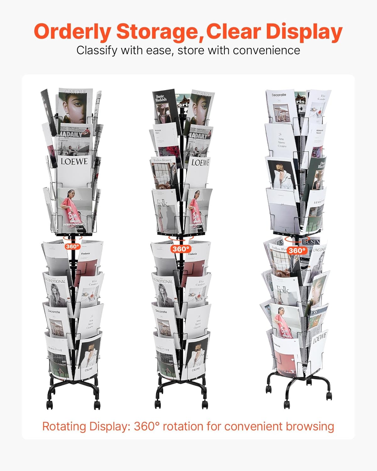 VEVOR Greeting Cards Display Rack - 32 Pocket Rotating Brochure Stand with 360° Spin & Lockable Wheels