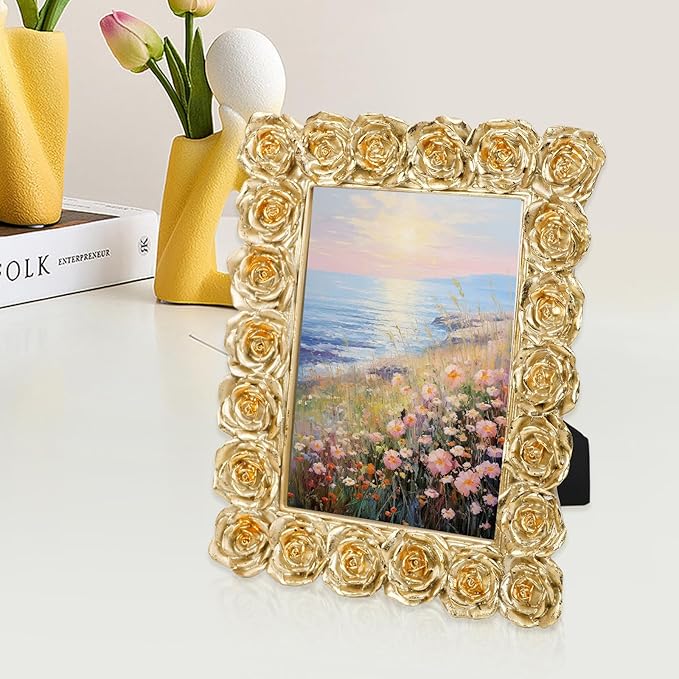 Gold Picture Frames, Rose Ornate 5x7 Photo Frame, Vintage Carved Floral Textured Hand-Crafted Picture Frame with Glass Front, Resin Photo Frames Tabletop or Wall Hanging, Pictures Display Frame for Home Decor