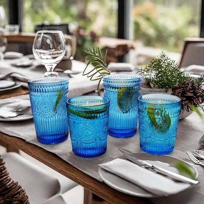 Loivttvv 12pcs Vintage Drinking Glasses Set, 12 oz Highball Glasses & 9 oz Embossed Ribbed Glassware Cups for Cocktail, Water, Juice, Coffee, Whiskey (Blue)