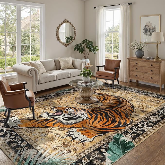 DCX Washable 9x12 Tiger Area Rug, Brown Vintage Animal Rug for Living Room, Soft Low Pile Carpet, Kid & Pet Friendly with Rubber Back Non Slip, Stain Resistant Rug for Bedroom Dining Room Office