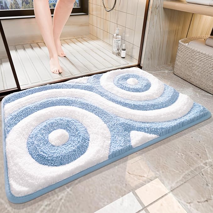 QJHOMO Blue and White Cute Bathroom Rugs Non Slip Bath Mat Modern Aesthetic Bathroom Decor, Geometric Striped Bath Rug Fluffy Floor Mats, Thick Microfiber Carpet Super Absorbent Bathmat (20x32 inch)