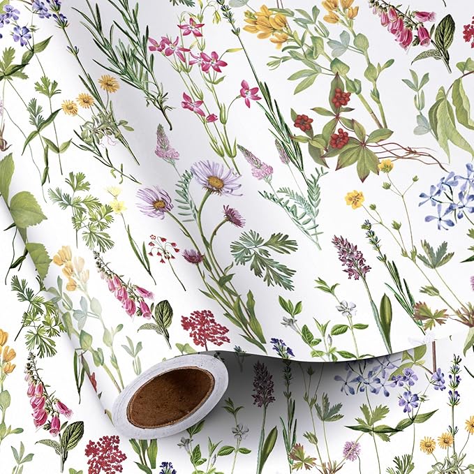 RUSPEPA Floral Wrapping Paper Roll for Women Girls, Mini Roll, Elegant Wild Flower Design Gift Wrap Paper Perfect for Birthdays, Bridal Shower, Spring, Wedding, Mother's Day, 17 Inch x 9.8 Feet