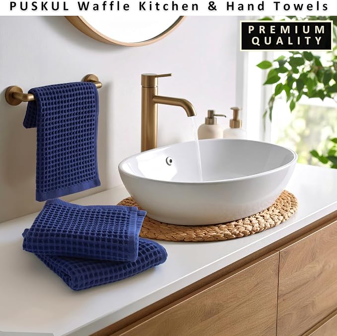 PÜSKÜL Natural 100% Turkish Cotton Waffle Kitchen Towels Set of 3 | Oeko-Tex, Premium Waffle Hand Towels for Bathroom | Soft Absorbent Quick-Dry Lint-Free Dish Towel Large 32x16 inch (3, Navy Blue)