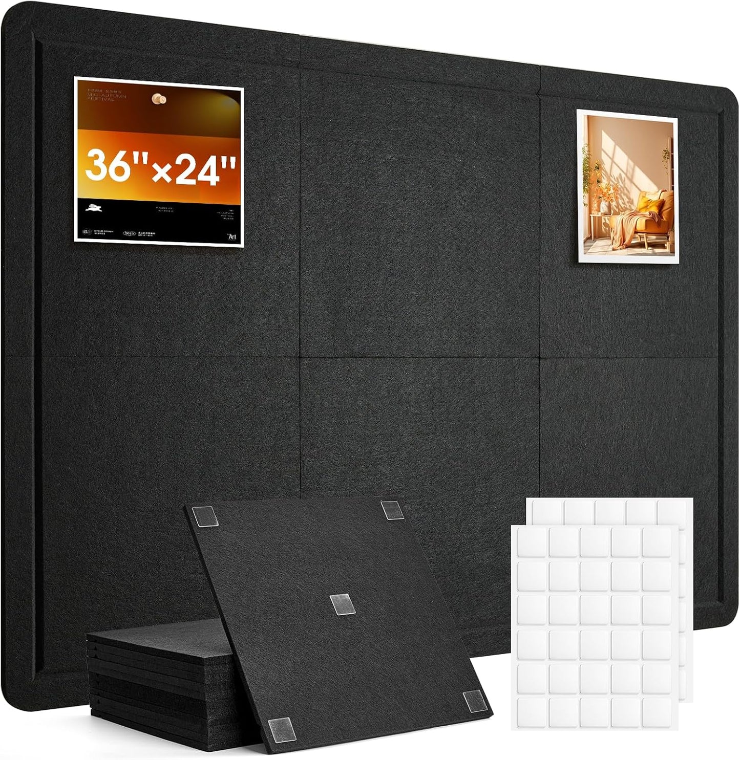 Skiennix Bulletin Board - 36x24 Inch Cork Board Alternative | 6 Pack Felt Pin Boards with 30 Adhesive Tabs - Black