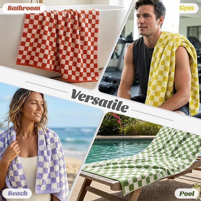Jacquotha Checkered Bath Towels Set of 4-100% Cotton Towels for Bathroom, Shower, Pool & Beach (Purple, Yellow, Green, Orange), 520GSM