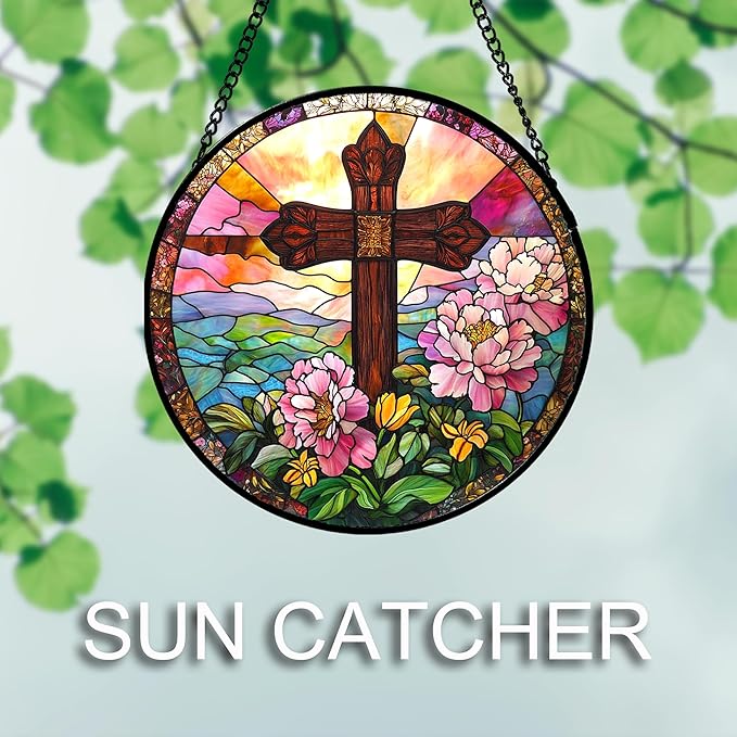Christian Gifts for Women - Cross Stained Glass Window Hanging Jesus Easter Pink Flower Peony Sun Catcher Garden Religion Decor Mother's Day Catholic Gift for Men Grandma Mom Her Nana 7.8"