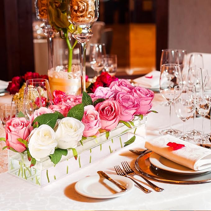 2 Pieces Acrylic Flower Vase Rectangular - Clear Floral Centerpiece for Dining Table Each 14 Inches, Connect to Form 28 Inches Long Rectangle Acrylic Vase for Home Wedding Dining Table Decor
