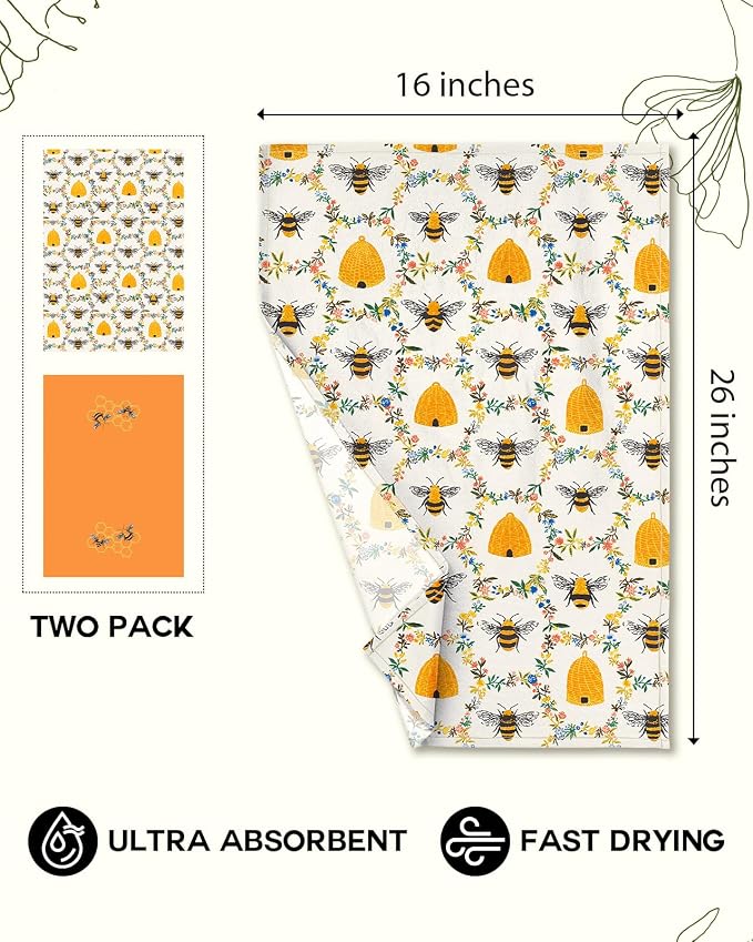 Miss Adola 2 Pack Flour Sack Kitchen Towels - 16x26 Inch Cotton Dish Towels with Hanging Loop Reusable Geometric Boho Modern Retro Tea Towel Absorbent Dishcloths Home Decor, Orange Bee