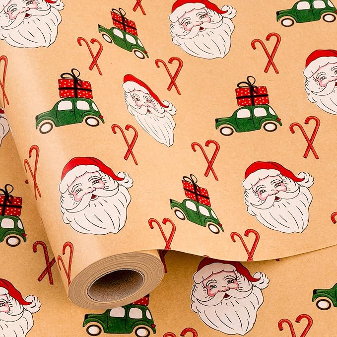 Yarcony Kraft Christmas Wrapping Paper Roll, Brown Vintage Santa Wrapping Paper, Funny Santa, Truck & Candy Cane Pattern Thick Christmas Gift Wrap for Holiday Gift Packaging (17 Inch X 33 Feet)