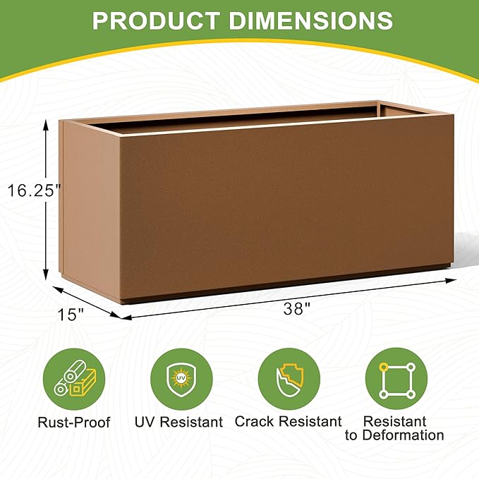Metal Planter Box Rectangular Planter Box with Drainage Hole, Outdoor Large Planters, All-Weather Use, Rust-Resistance, for Flowers Plants, 38" L × 15" W × 16.3" H, Brown