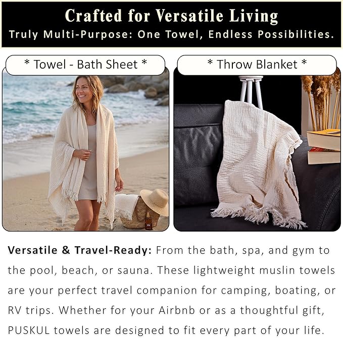 PÜSKÜL - Premium 2-Piece Oversized Muslin Bath Towel for Adult 35x70 Extra Large Bath Sheets | Natural 100% Turkish Cotton Soft Absorbent Quick-Dry Light Spa & Beach Towels (Pack of 2, Natural Raw)
