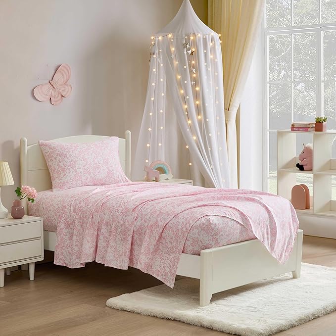 Laura Ashley Kids - Queen Sheet Set, Soft & Wrinkle-Resistant Toddler Bedding Set, Deep Pockets, Girl Bed Sheets with Matching Fitted Sheet & Pillowcases (Toile Unicorn Pink)