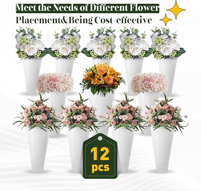 3 Layers Movable Flower Display Stand Metal Plant Stand with 12Pcs Buckets Moving Florist Bouquet Shelf Flower Holder Organizer Rack for Patio Garden Living Room Florist,White