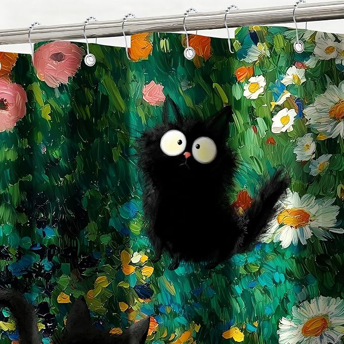 Funny Black Cats Shower Curtain Vintage Wildflowers Shower Curtains for Bathroom Waterproof Fabric Bath Curtain Decor with Hooks
