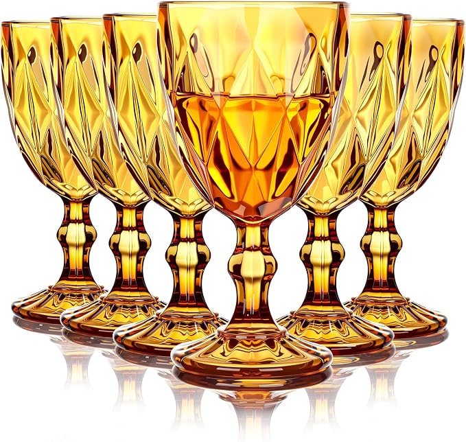 Yinder Glass Goblet Vintage Wine Goblet Embossed Glassware 10 oz Solid Color Glass Stemmed Cups for Iced Tea Beverage Soda Juice Water Liquor and Party Wedding Bars Restaurants(Amber,6 Pack)