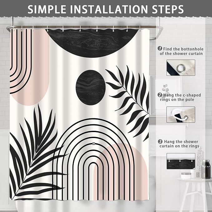 Mid Century Abstract Boho Aesthetic Shower Curtain Set, Green Nature Leaf Sun Modern Minimalist Home Bathroom Curtain Decor with 12 Hooks 72 Inch Wide * 84 Inch High