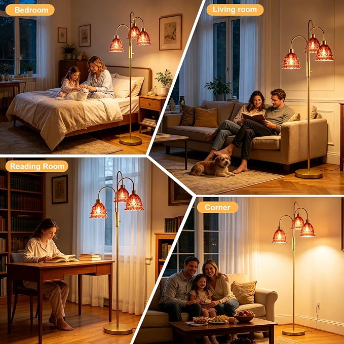 3-Light Glass Floor Lamp with Deep Red Ribbed Glass Shades, 70" Gold Dimmable Tall Standing Lamp with 3PCS 3000K Warm White Bulbs, Modern Tree Pole Lamp for Living Room Bedroom Home Office Corner