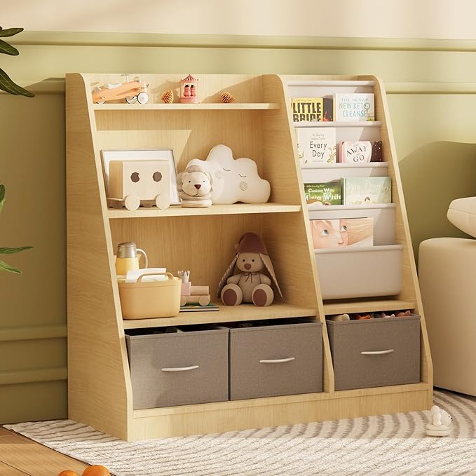 NACHES Kids Bookshelf and Toy Storage Organizer, Montessori Nursery Book Shelves with Sling Rack & Fabric Toy Bins, Children Toddler Baby Bookcase, Wooden Toy Shelf for Kids Room, Playroom, Burlywood