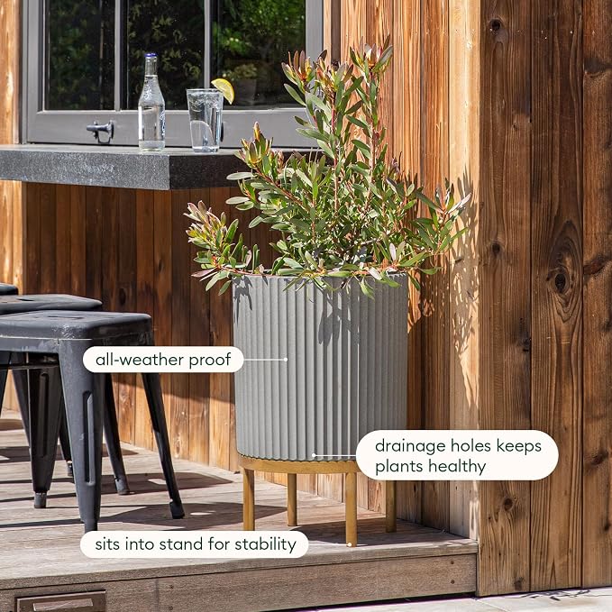 Veradek Demi Series Round Planter w/ Stand for Porch/Patio | Durable Plastic-Concrete & Wooden Stand | Modern Décor for Tall Plants, Flowers